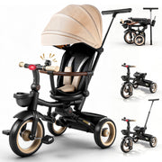 JoyStone 7 in 1 Foldable Toddler Tricycle Stroller with Adjustable Canopy, Parent Handle, Removable Pedals, Seat Belt, Storage Basket, Khaki