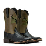 Ariat Sport Antlers Western Boots, Waterproof Full-Grain Leather, Embroidered American Flag and Deer Skull, Square Toe, Block Heel, Black Adobe/Four Leaf Clover, 8.5