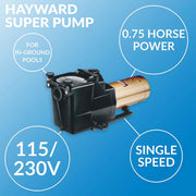 Hayward Super Pump In-Ground Pool Pump, High-Efficiency 0.75 HP Medium Head, Black, See-Through Strainer Cover, Swing-Away Hand Knobs, W3SP2605X7