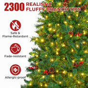 Firstness 9ft Pre-Lit Artificial Christmas Tree with 2300 Branch Tips, Pine Cones and Red Berries, 11 Lighting Modes, Multicolor and Warm White LED Lights