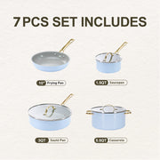 Chef Power AHUSNS01163 7 Pcs Ceramic Cookware Set, Non-Stick Pots and Pans with Brushed Gold Stainless Steel Handles, Oven Safe to 450F, Blue Gray