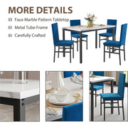 uhomepro Dining Sets04 5 Piece Dining Room Table Set, Modern Dining Table Sets with Blue Velvet Upholstered Chairs for 4, Faux Marble Pattern Rectangle Kitchen Table Set for Home, Living Room, Restaurant, Small Space