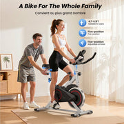 Patbrela Indoor Exercise Bike, Quiet Bidirectional Belt Drive, 100-Level Adjustable Resistance, Compact Silver Design, Adjustable Seat and Handlebars, Supports Up to 280 lbs, QK101