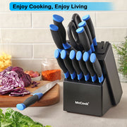 McCook Kitchen Knife Block Set, 24-Piece Stainless Steel Cutlery with Ultra-Sharp Forged High-Carbon German Blades, Built-In Sharpener, Measuring Cups and Spoons, Blue, MC706