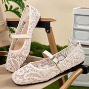 Haimao Tong Women Lace Mary Jane Flats, Breathable Mesh, Adjustable Buckle Strap, White, 1-Inch Platform Heel