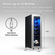 TCL 12 Bottle Wine Cooler, 1.24 Cu Ft, Adjustable Temperature, Stainless Steel Glass Door, Black, TRW12F6AS
