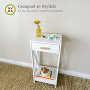 Aleratec Modern Side Table and Nightstand with Pull-Out Drawer, Beechwood Handle, Bottom Shelf Storage, White