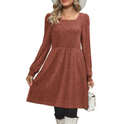 SHINE UP Womens Fall Square Neck Long Sleeve Knee Length A-Line Dress with Pockets, Beige