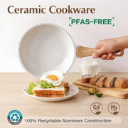Sensarte Ceramic Nonstick Cookware Set, 10 Pieces, Induction Compatible, White, Wood Grain Handles