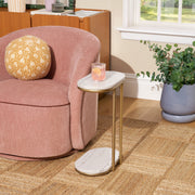 Beautiful Lane Drink Table, C-Shaped Accent Table with White Marble-Look Top and Gold Metal Frame, Compact Size BE26250047100A4