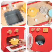 Bruce & Shark Red Wooden Play Kitchen Set with Washing Machine and Oven, Interactive Pretend Play Toy for Ages 3-8