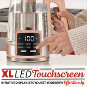 Gourmia Electric Kettle, 1.7L Glass, Digital Touch Display, 6 Temperature Presets, Removable Stainless Steel Infuser, Cordless with 360 Swivel Base, White, GDK2365W