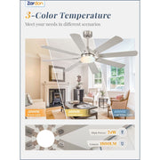 Zardon 62 in Nickel Modern Ceiling Fan with Light, Remote Control, Reversible Quiet DC Motor, 6-Speed, Timer, LED Lighting, Dual-Finish Blades