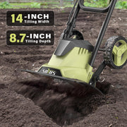 SOYUS 14 Inch Electric Garden Tiller, 12 Amp Motor, Folding Handle, 4 Steel Tines, Wheeled Rototiller for Lawn and Yard Soil Tilling