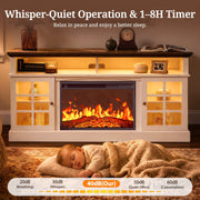 CHITOOMA Fireplace TV Stand with 23-Inch Electric Fireplace, 5100 BTU Heat, Adjustable Multi-Color LED Lighting, Farmhouse Style, White and Brown, Fits Up to 75 Inch TVs