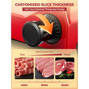 FOHERE Electric Meat Slicer, 300W Motor, 10-Inch Chromium-Plated Steel Blade, Adjustable Thickness, Semi-Automatic, Red, 250A