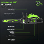 Greenworks 2019202 Pro 60V 16 in. Brushless Cordless 2kW Chainsaw with 2.5 Ah Battery and Charger