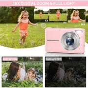 Wednkoly WED-60388 Digital Camera Kids Camera FHD 1080P 44MP Vlogging Camera with 16X Digital Zoom Portable Mini Digital Camera for Kids Teens Seniors with 32GB Card (Pink)