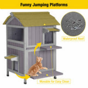 Aivituvin Outdoor Cat House, Weatherproof Solid Wood Two-Story Condo with Balcony and Escape Doors, Large Size AIR94-WM