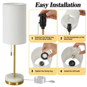 NATYSWAN Minimalist Table Lamp Set of 2, Gold Finish, Marble Base, Fabric Shade, Pull Chain, Small Desk Lamps for Bedroom and Living Room