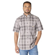 Carhartt Men's Fort Loose Short Sleeve Plaid Shirt, Gray, 100% Cotton Ringspun Chambray, Button-Down Collar, 2 Chest Pockets, 107273CGR-XXLTLL