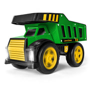 John Deere 16in Metal Dump Truck Toy with Motorized Dumping, LED Lights, Sounds, Heavy Duty Steel Bed, Extra Large Wheels for Kids 3+