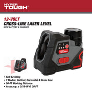 Hyper Tough 80213 12V Max Cross-Line Laser Level with 1.5Ah Lithium-Ion Battery and Charger