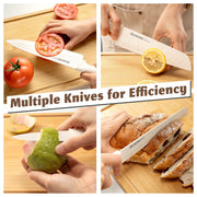 Astercook 17 Pieces Kitchen Knife Set, High Carbon German Stainless Steel Blades, Anti-Rust Coating, Built-in Sharpener, Ergonomic White Handles, Dishwasher Safe