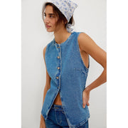 Panan Women's Vintage Washed Denim Sleeveless Vest, Slim Fit, Button Front, Round Neck, Blue, L