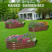 SnugNiture Raised Garden Bed 3-Pack, Galvanized Steel, Oval, Brown Wood Grain Finish, 4ft x 2ft x 1ft