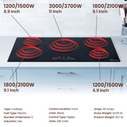 Rangaire 36 Inch Induction Cooktop, 5 HyperHeat Burners, Smooth Glass Ceramic Surface, Slide Touch Controls, 10900W, Child Lock, RCI361S