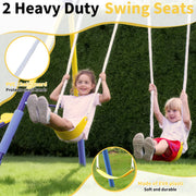 Fashionsport Outfitters Metal Swing Set, 5-in-1 Outdoor Playground with Double Wall Slide, Flying Saucer, Teeter-Totter, Two Person Swings, Trapeze Bar, Yellow