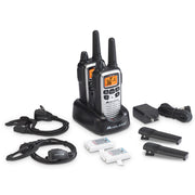 Midland Radio Two Way Radio LXT600VP4 2-Pack with headsets, charging base, and charging cable.