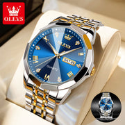OLEVS Men's Dress Watch, Luxury Blue Dial with Diamond Accents, Two Tone Stainless Steel, Date Display, Luminous Hands, Waterproof 100 ft, 41mm 9931