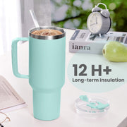 JUSTLET JUSTLET-0001 40 oz Vacuum Insulated Stainless Steel Travel Mug Tumbler with Handle and Straw Seafoam