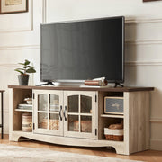 LINSY HOME Modern Farmhouse TV Stand with Adjustable Shelves and Glass Panel Doors, Oak Finish, Fits TVs up to 65 Inches