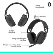 Logitech Zone Vibe 100 Wireless Over-Ear Headphones, Noise Canceling Microphone, Multipoint Bluetooth, 40mm Drivers, Lightweight Comfort, Graphite, 981-001256