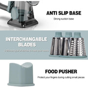 FANGNISN Cheese Shredder Rotary Grater with Handle, 3 Interchangeable Stainless Steel Blades, Strong Suction Base, Grey Blue, 9 in