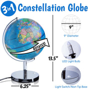 USA Toyz Educational Globe with LED Constellation Light, 9 Inch Diameter, 13.5 Inch Tall, Chromed Steel Stand, JQKG01
