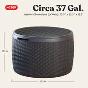 Keter Circa 37 Gallon Round Resin Deck Box with Rattan Texture, Weather-Resistant Outdoor Storage and Seating Bench, Grey, 243554