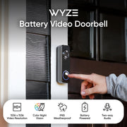 Wyze Battery Video Doorbell Wireless Camera, 1536x1536 HD+, Color Night Vision, 150150 Head-to-Toe View, Wire-Free or Wired Power, Two-Way Audio, Bluetooth Setup
