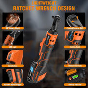 Protmex 3/8 Cordless Ratchet Wrench, 21V Pure Copper Motor, 60FT-LBS Torque, 400 RPM Variable Speed, 2 X 2.0Ah Batteries, 8 Sockets, 1/4 Adapter, 3 Extension Bar