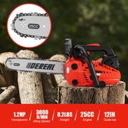 Vetoper 12 in. Gas Chainsaw, 25.4 CC, 1.2 HP, Lightweight One-Hand Operation, Automatic Chain Oiler, Quick Stop Chain Brake, Orange