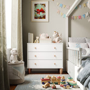 Buzz & Bloom Small Kids 3-Drawer Wood Dresser Chest, White and Natural, Child-Safe Interlocking Drawers, Solid Rubberwood Legs
