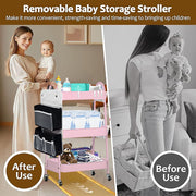 SERVXIN Baby Diaper Caddy Organizer Cart, Metal 3-Tier Rolling Storage Cart with 360 Swivel Wheels, White
