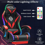 Hoffree Gaming Chair with Speakers PU Leather Office Chair with Footrest and LED Lights Ergonomic Gamer Chair