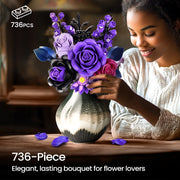 Iatom Flower Bouquet Building Set for Adults, Artificial Purple Flowers with Roses and Leaves, 736 Pieces