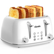 NICWIN 4 Slice Toaster with Extra-Wide Slots, Adjustable Browning Control, Defrost, Reheat, and Bagel Mode, White, WT340