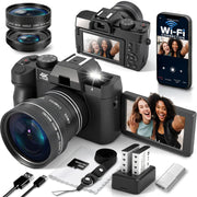 Novzzovaz 4K Point & Shoot Digital Camera, 48MP Photos, 16X Digital Zoom, WiFi Connectivity, Flip 3-Inch Screen, Wide & Macro Lenses, Dual Batteries, 32GB MicroSD Kit, 18272551587