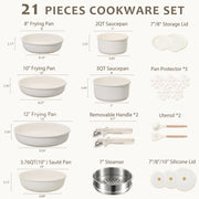 Carote A13623 21-Pieces Pots and Pans Set with Detachable Handle - Granite White